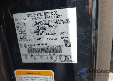 2005 Ford F-250 Lariat/Xl/Xlt from USA, damaged, VIN 1FTSW21515EB27458